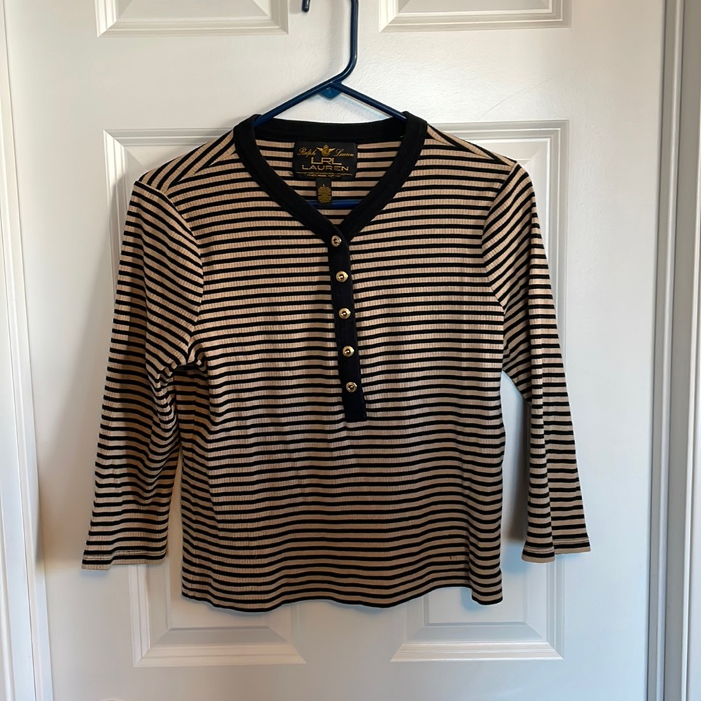 Ralph Lauren Gold and Black striped 3/4 sleeved shirt with buttons.